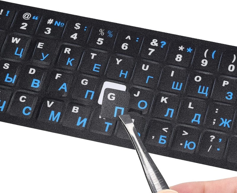 DAMMOMKO 2PCS Russian Keyboard Stickers, Cyrillic Keyboard Letter Stickers Black Background with Blue/White Lettering, Keyboard Letters Sticker for Notebook Laptop Desktop Computer Keyboards - Image 1
